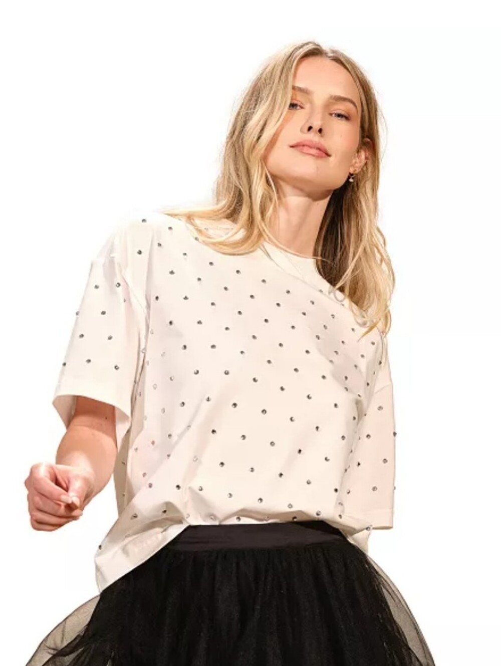 Isaac Mizrahi Cream Short Sleeve Tee with Rhinestone Dots